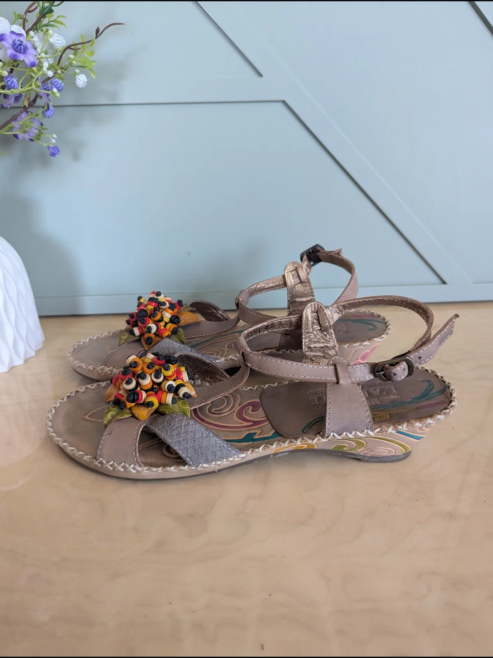 Taupe Floral Beaded Women’s Sandals with Ankle Strap